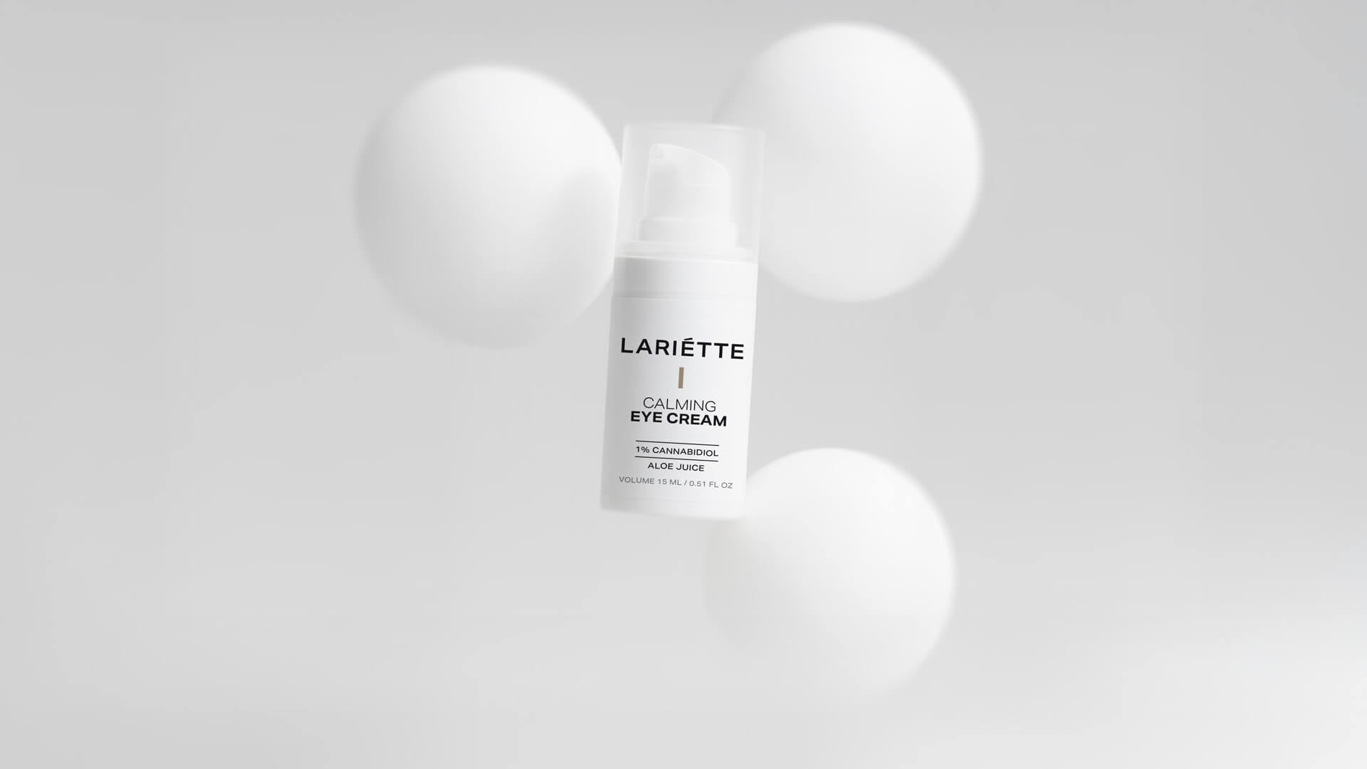 Lariette skincare calming eye cream cannabidiol flying with white baloons