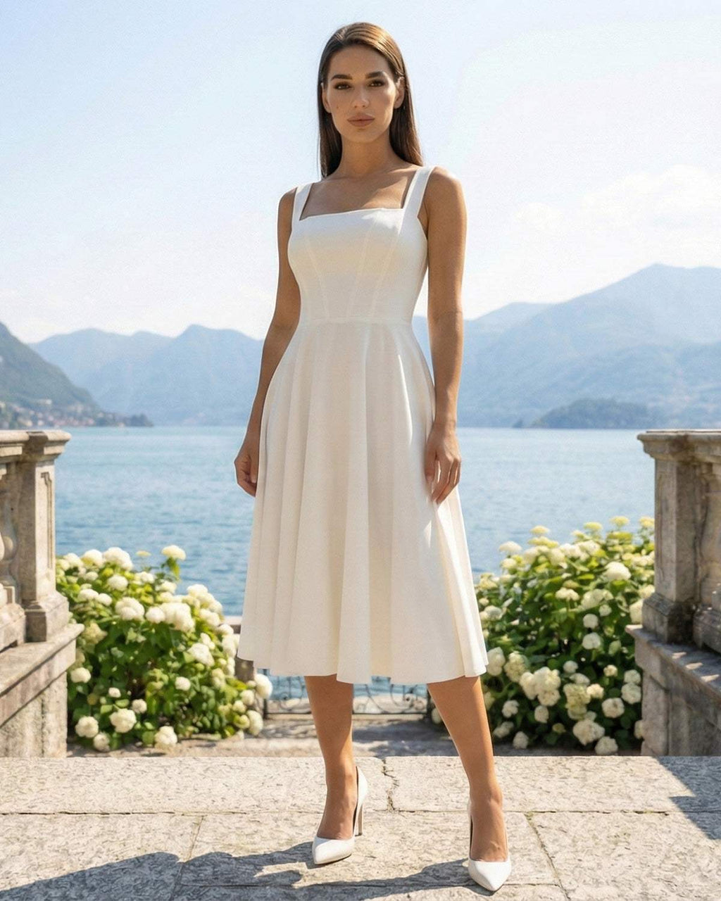 Vestido Blanco Midi Elegante de Ocasión con Tirantes