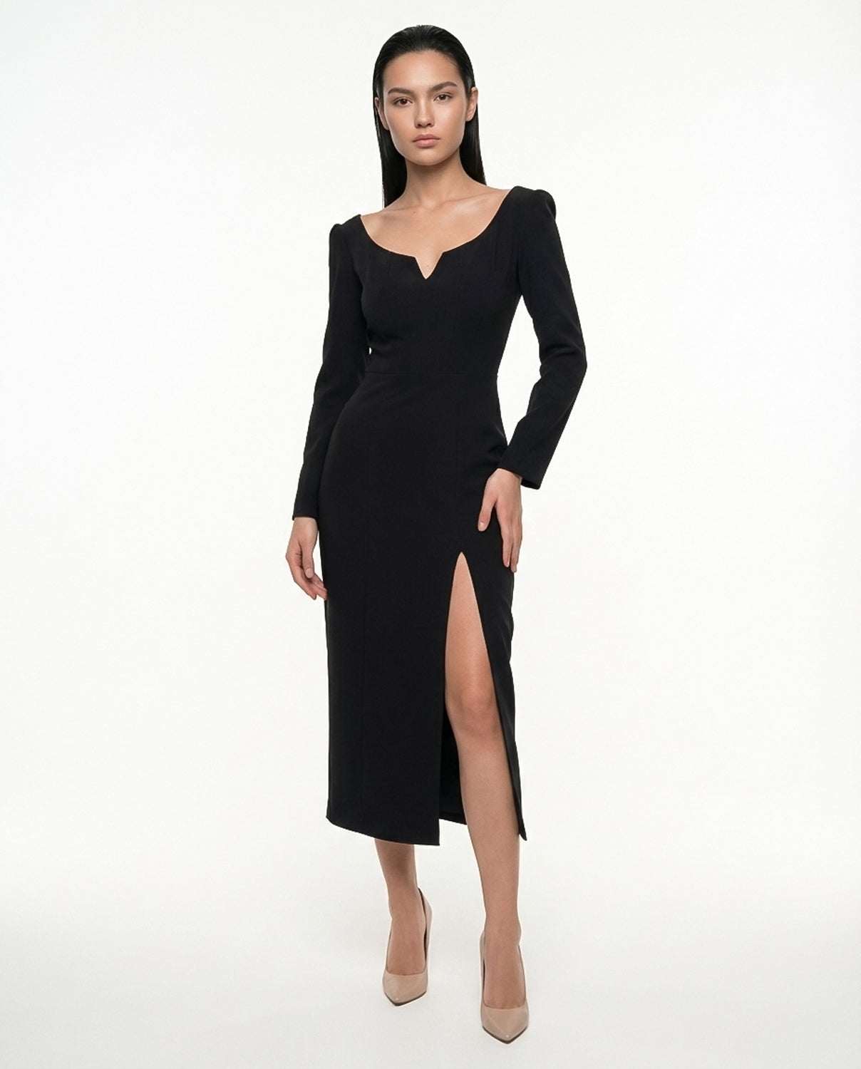 Vestido elegante negro clásico casual para fiesta con abertura, mangas largas