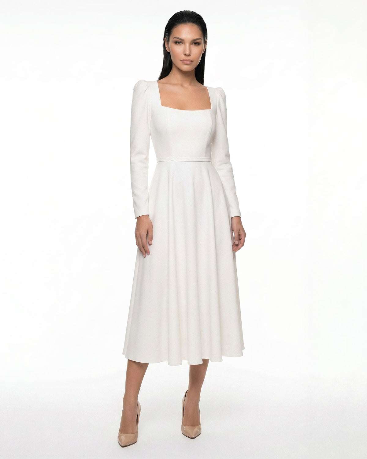 Vestido blanco midi con mangas largas de crepé para boda civil, religiosa