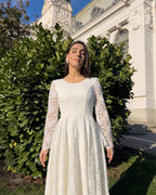 Vestido para ceremonia civil blanco midi con mangas de encaje