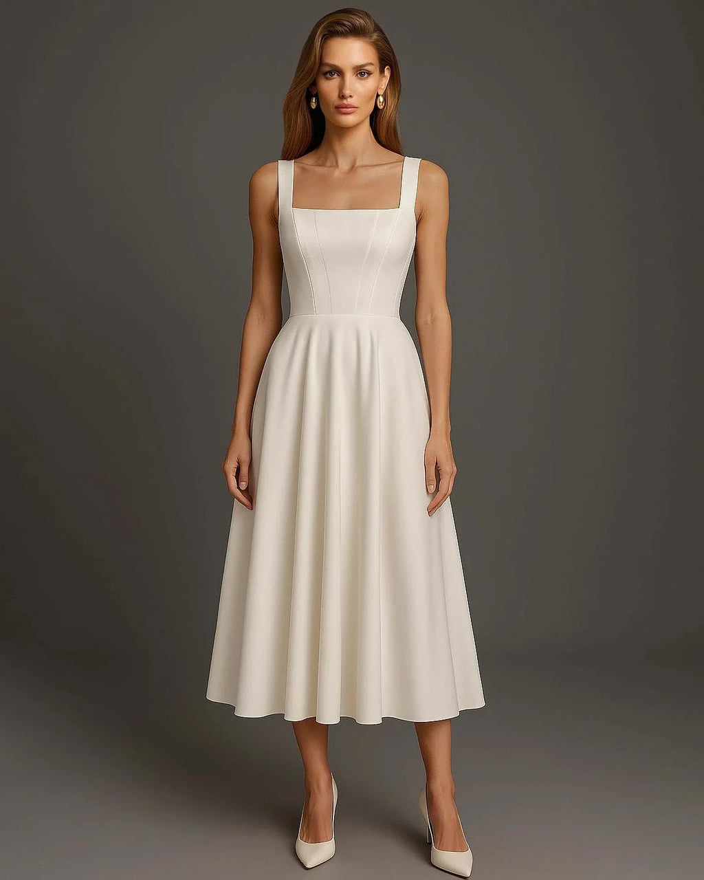 Rochie eleganta de ocazie alba midi cu croiala A-line si decolteu patrat, ideala pentru cununie, botez si petreceri elegante.